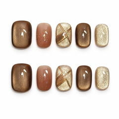 Mocha Brown Gold Foil Press On Nails | Handmade Fall Winter Short Square Nails by AMBERÉA
