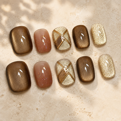 Mocha Brown Gold Foil Press On Nails | Handmade Fall Winter Short Square Nails by AMBERÉA