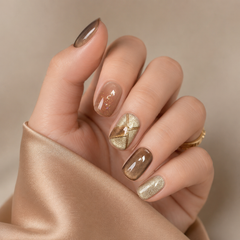 Mocha Brown Gold Foil Press On Nails | Handmade Fall Winter Short Square Nails by AMBERÉA