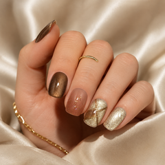 Mocha Brown Gold Foil Press On Nails | Handmade Fall Winter Short Square Nails by AMBERÉA