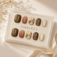 Mocha Brown Gold Foil Press On Nails | Handmade Fall Winter Short Square Nails by AMBERÉA
