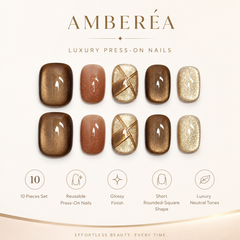Mocha Brown Gold Foil Press On Nails | Handmade Fall Winter Short Square Nails by AMBERÉA