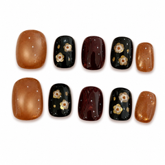 Amber Brown Black Floral Press On Nails | Handmade Fall Winter Short Square Nails by AMBERÉA