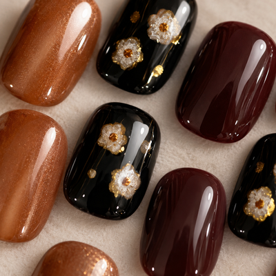 Amber Brown Black Floral Press-On Nails