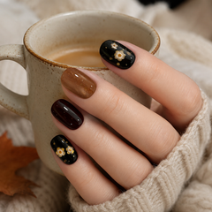 Amber Brown Black Floral Press On Nails | Handmade Fall Winter Short Square Nails by AMBERÉA