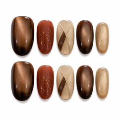 Brown Cat Eye Press On Nails | Autumn Winter Short Oval Nails