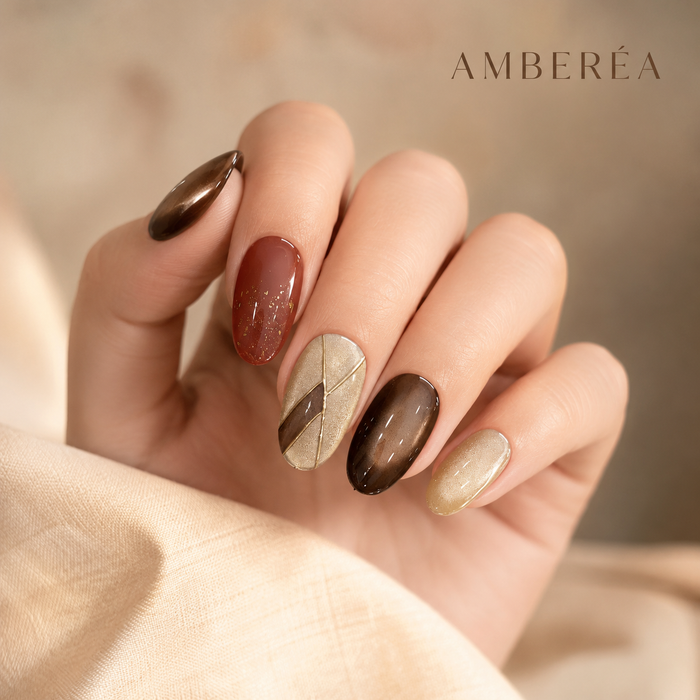 Brown Cat Eye Press On Nails | Autumn Winter Short Oval Nails