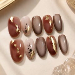 Brown Gold Foil Press On Nails | Fall Winter Short Oval Nails