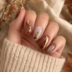 Brown Gold Foil Press On Nails | Fall Winter Short Oval Nails