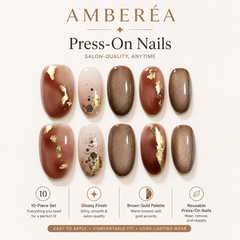 Brown Gold Foil Press On Nails | Fall Winter Short Oval Nails