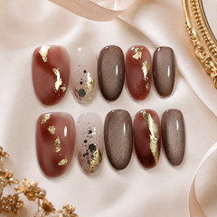 Brown Gold Foil Press On Nails | Fall Winter Short Oval Nails