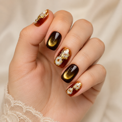 Autumn Floral Cat Eye Press On Nails – Amber Brown Gold Foil Short Square Fake Nails, Fall Winter Luxury Nail Set