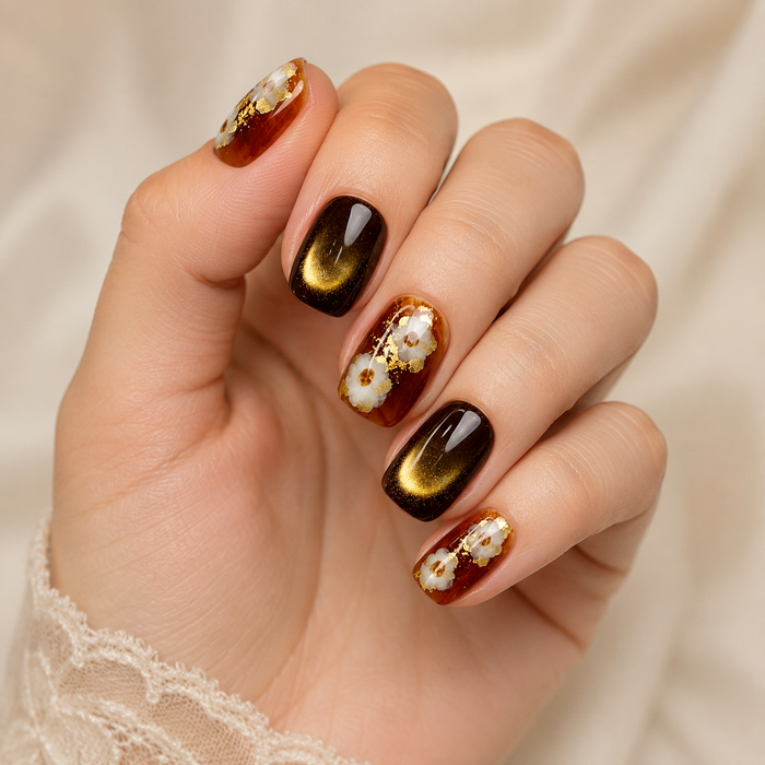 Autumn Floral Cat Eye Press On Nails – Amber Brown Gold Foil Short Square Fake Nails, Fall Winter Luxury Nail Set