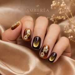 Autumn Floral Cat Eye Press On Nails – Amber Brown Gold Foil Short Square Fake Nails, Fall Winter Luxury Nail Set