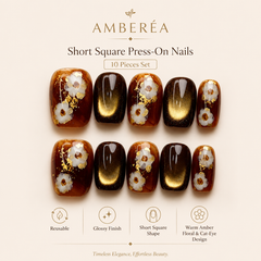 Autumn Floral Cat Eye Press On Nails – Amber Brown Gold Foil Short Square Fake Nails, Fall Winter Luxury Nail Set