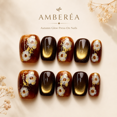 Autumn Floral Cat Eye Press On Nails – Amber Brown Gold Foil Short Square Fake Nails, Fall Winter Luxury Nail Set