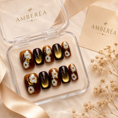 Autumn Floral Cat Eye Press On Nails – Amber Brown Gold Foil Short Square Fake Nails, Fall Winter Luxury Nail Set