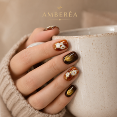 Autumn Floral Cat Eye Press On Nails – Amber Brown Gold Foil Short Square Fake Nails, Fall Winter Luxury Nail Set
