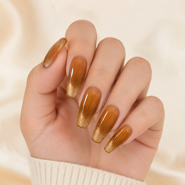 Autumn Amber Ombre Press On Nails | Gold Glitter Coffin Nails