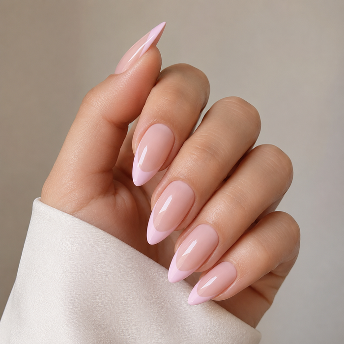 Pink French Tip Press On Nails | Glossy Almond Fake Nails
