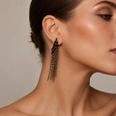 Black Rhinestone Tassel Earrings | Long Crystal Statement Earrings for Women