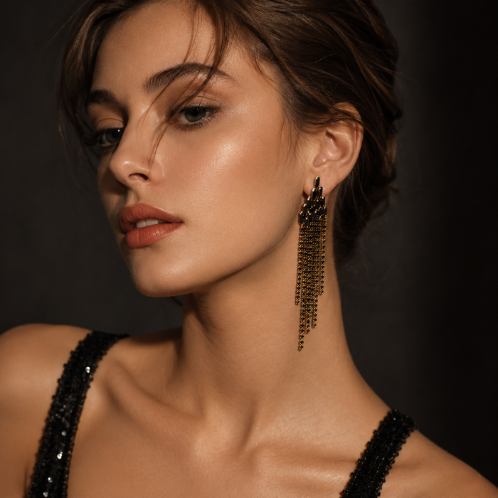 Black Rhinestone Tassel Earrings | Long Crystal Statement Earrings for Women