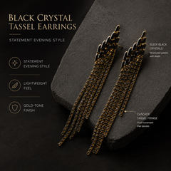 Black Rhinestone Tassel Earrings | Long Crystal Statement Earrings for Women