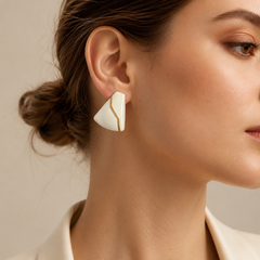 White Geometric Earrings | Gold Line Statement Stud Earrings for Women
