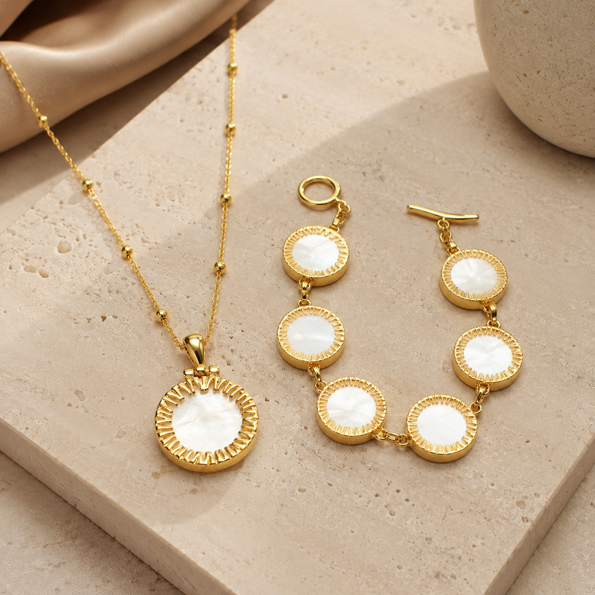 Gold Mother of Pearl Necklace and Bracelet Set for Women | Elegant White Shell Jewelry Set
