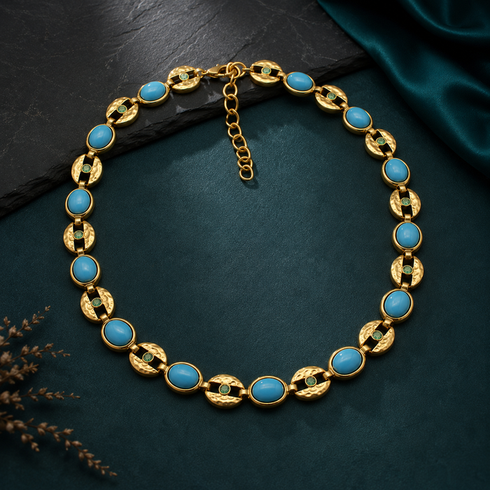 Turquoise Blue Gold Statement Necklace | Vintage Gemstone Necklace for Women