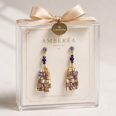 Purple Mosaic Crystal Drop Earrings | Geometric Statement Earrings