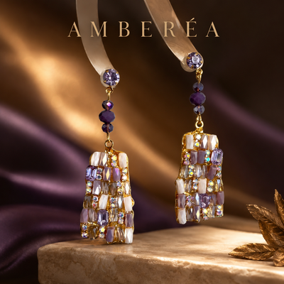 Purple Mosaic Glass Crystal Drop Earrings