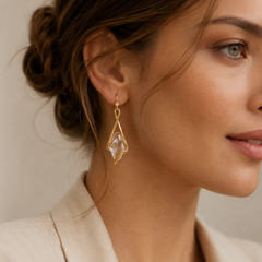 Clear Crystal Flower Drop Earrings | Gold Floral Dangle Earrings