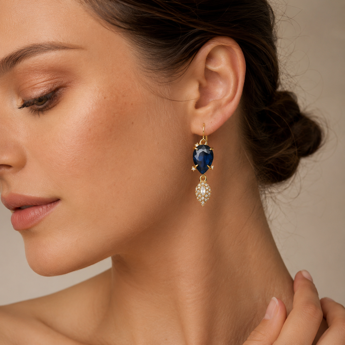 AMBERÉA Blue Crystal Drop Earrings | Gold Vintage Statement Earrings