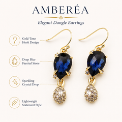 AMBERÉA Blue Crystal Drop Earrings | Gold Vintage Statement Earrings