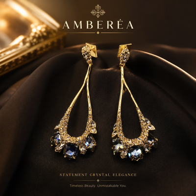 Blue Glass Crystal Statement Drop Earrings