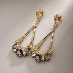 Blue Crystal Statement Drop Earrings | Gold Tone Elegant Dangle Earrings
