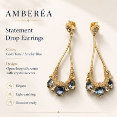Blue Crystal Statement Drop Earrings | Gold Tone Elegant Dangle Earrings