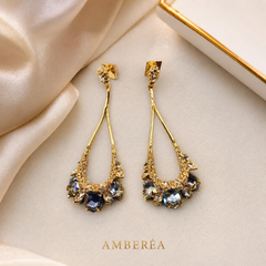 Blue Crystal Statement Drop Earrings | Gold Tone Elegant Dangle Earrings