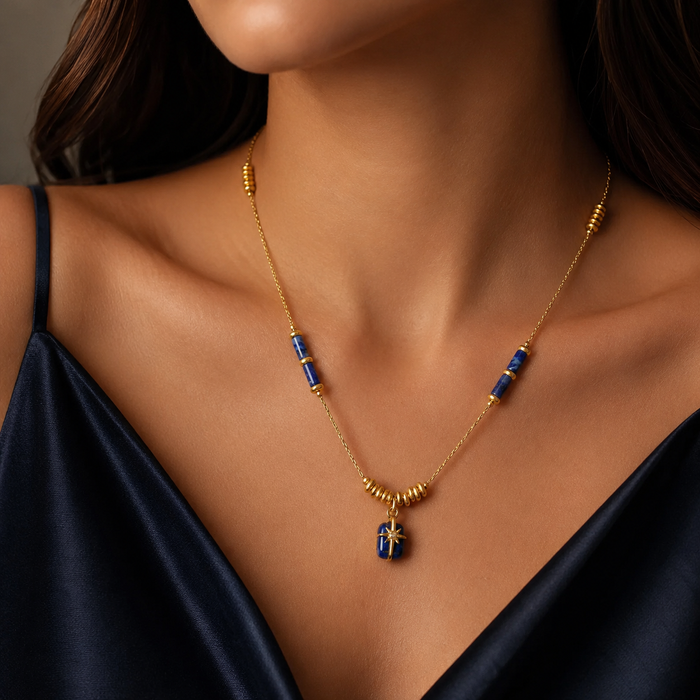 AMBERÉA Blue Lapis Pendant Necklace | Gold Starburst Luxury Necklace