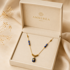 AMBERÉA Blue Lapis Pendant Necklace | Gold Starburst Luxury Necklace