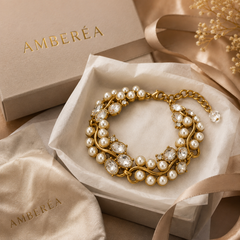 AMBERÉA Pearl Crystal Bracelet | Gold Vintage Statement Jewelry