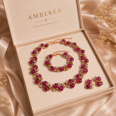 AMBERÉA Pink Cat Eye Jewelry Set | Rose Gold Necklace Bracelet Earrings