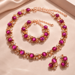 AMBERÉA Pink Cat Eye Jewelry Set | Rose Gold Necklace Bracelet Earrings