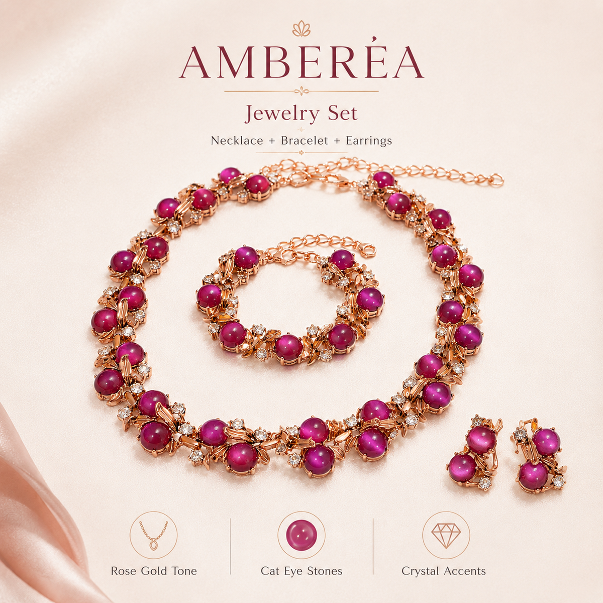 AMBERÉA Pink Cat Eye Jewelry Set | Rose Gold Necklace Bracelet Earrings
