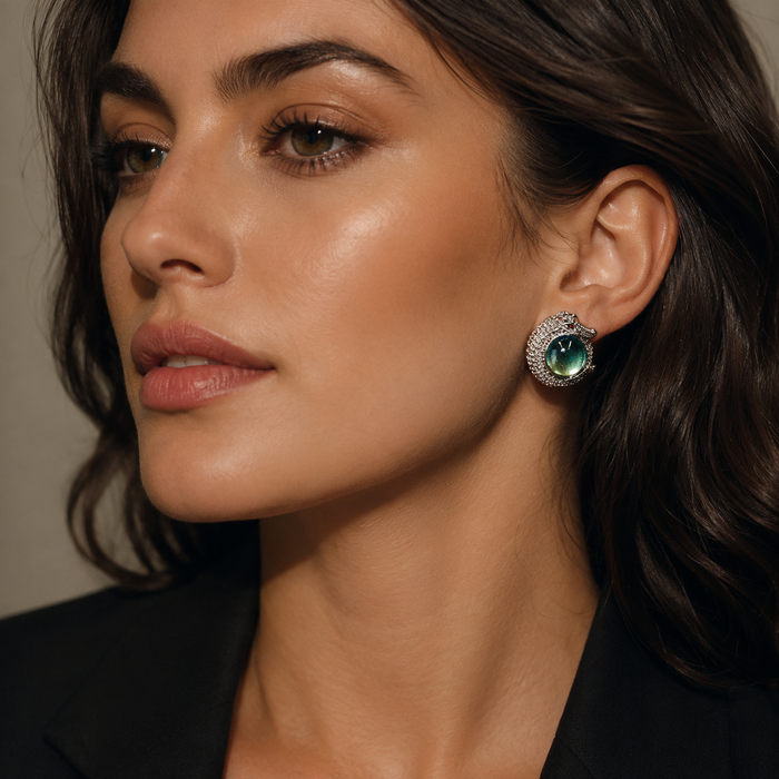 AMBERÉA Green Crystal Dragon Earrings | Silver Statement Earrings