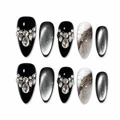 AMBERÉA Black Cat Eye Press On Nails | Luxury Crystal Gel False Nails