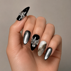 AMBERÉA Black Cat Eye Press On Nails | Luxury Crystal Gel False Nails