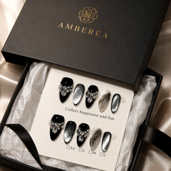 AMBERÉA Black Cat Eye Press On Nails | Luxury Crystal Gel False Nails