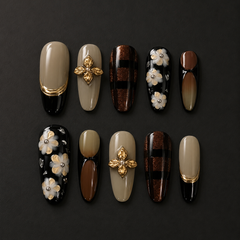 AMBERÉA Dark Mocha Press On Nails | Luxury Brown Floral Gel False Nails